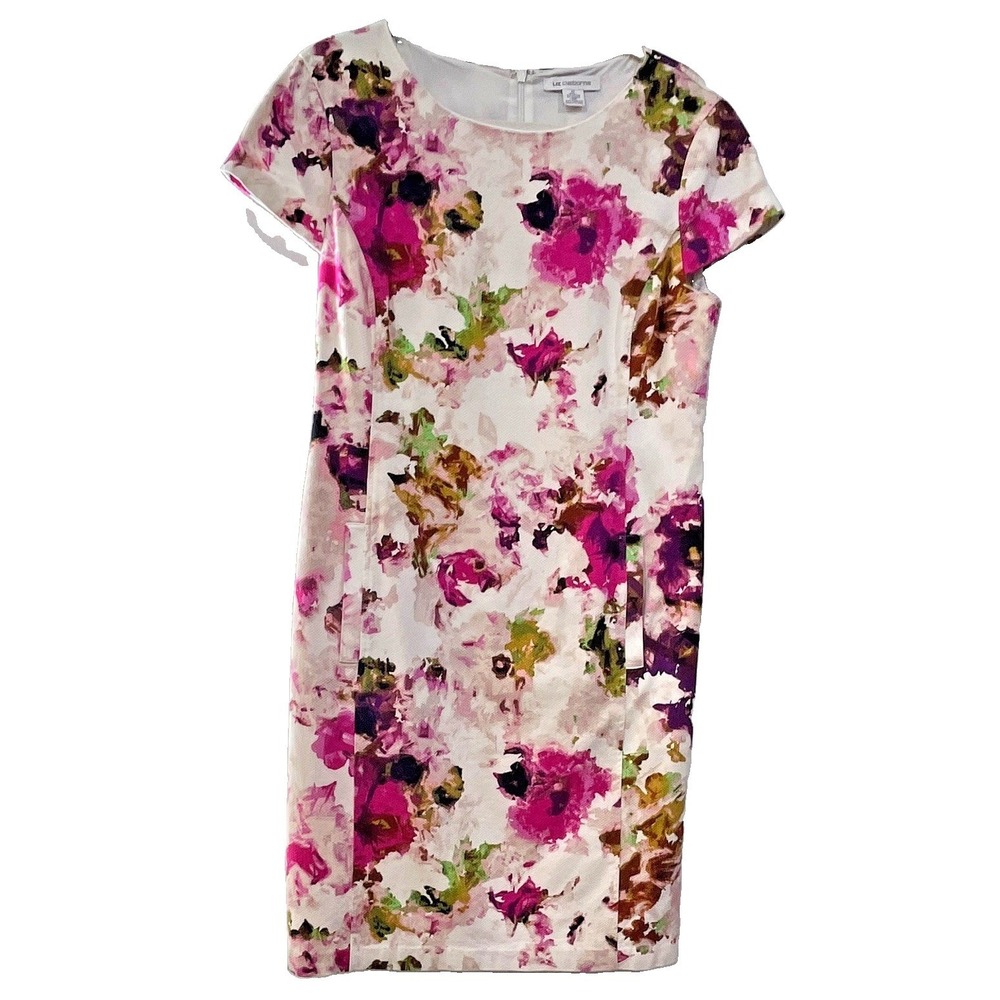Liz Claiborne Floral Sheath Dress Pink Purple Watercolor Pique Pockets Size 12